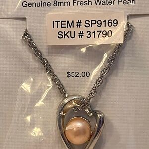 Genuine 8mm Fresh Water Pearl Silver Tone Heart Pendant 18" Adjustable Rope